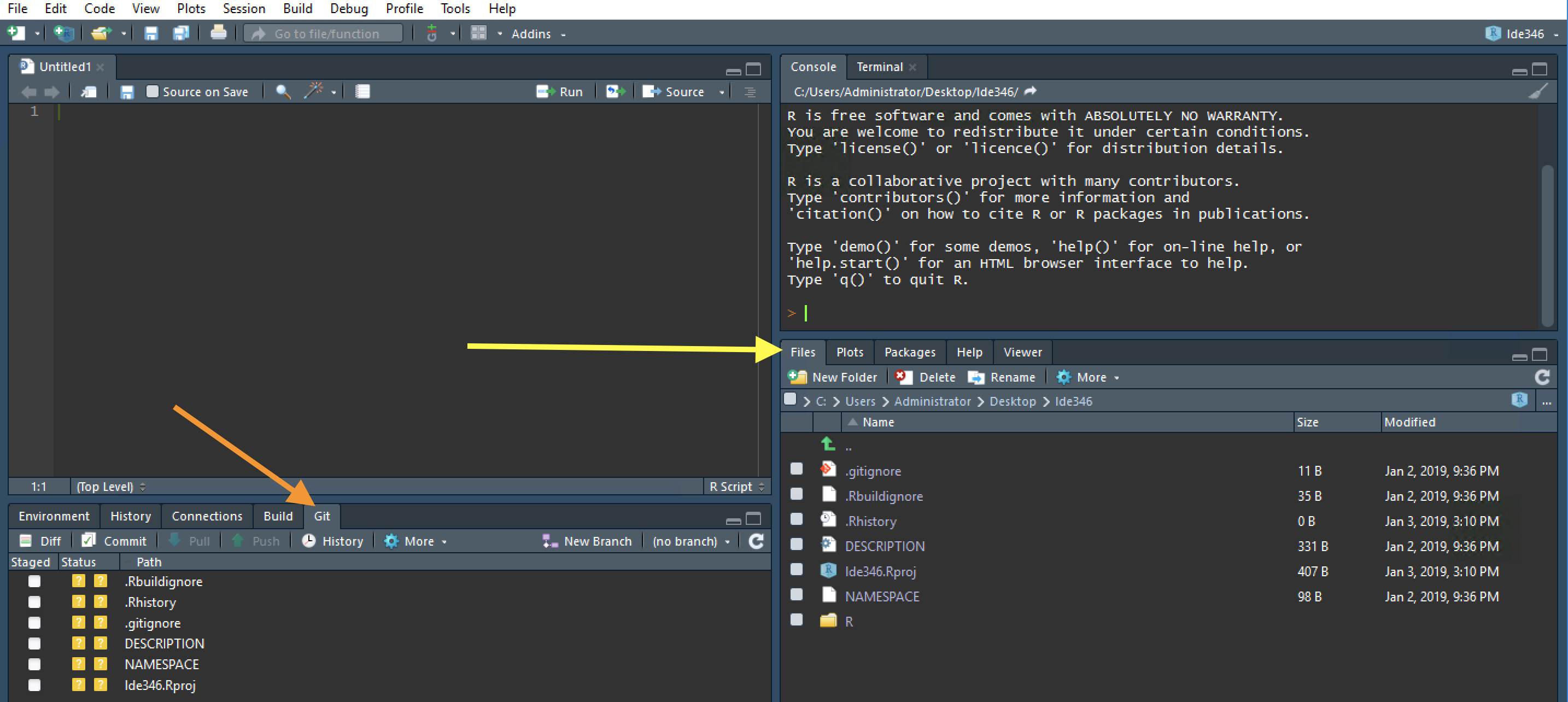New Rstudio package project file structure (yellow arrow) and git tab (orange arrow). Rstudio's Editor theme is 'Idle Fingers'.
