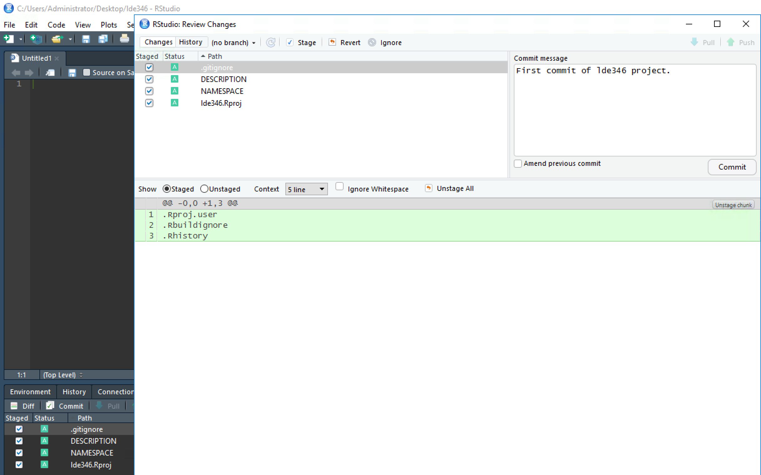 RStudio `git` commit window with message