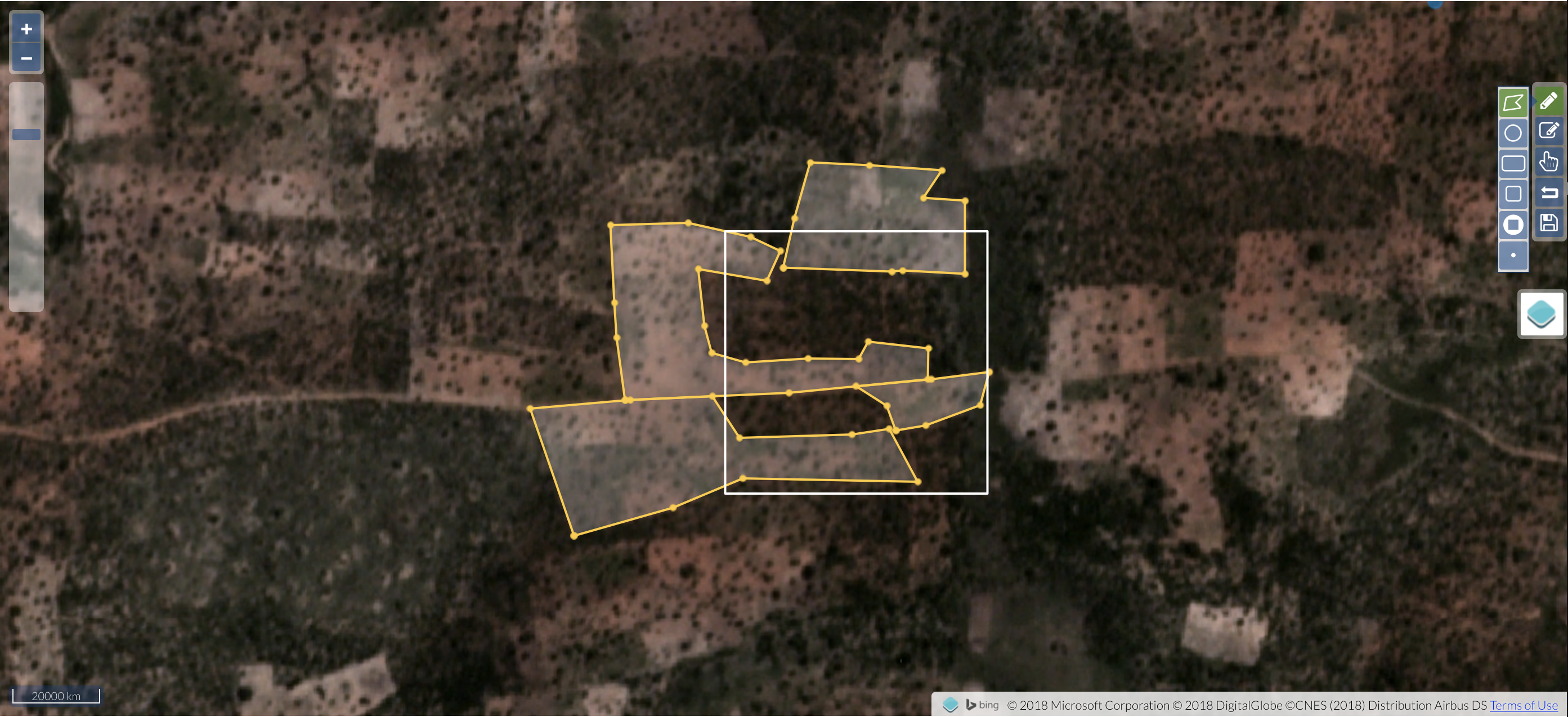 We label the fields that either fall entirely in or overlap this white box, our labelling target. Here we trace the boundaries of areas that look like cleared fields. Following [**Rule 2**](/mappingrules/docs/rule2.html), we used all the available images to help identify the boundaries