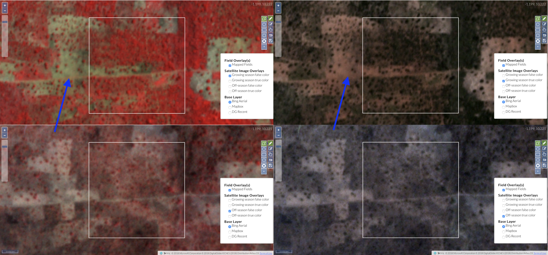 **[Update this example]***The four Planet image views. Growing season false color (top left); Growing season true color (top right); Off-growing season false color (bottom left); off-growing season true color (bottom right)*