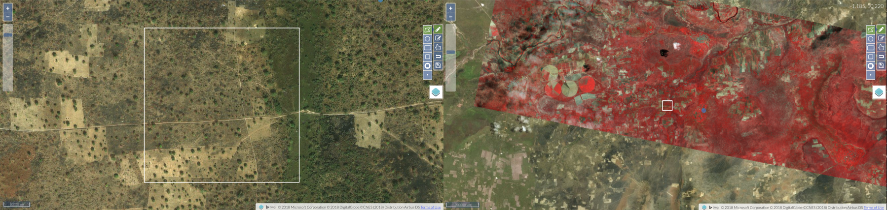 **[Update this example]**. *The basemap (left) and zoomed out look at the growing season false Planet image.*