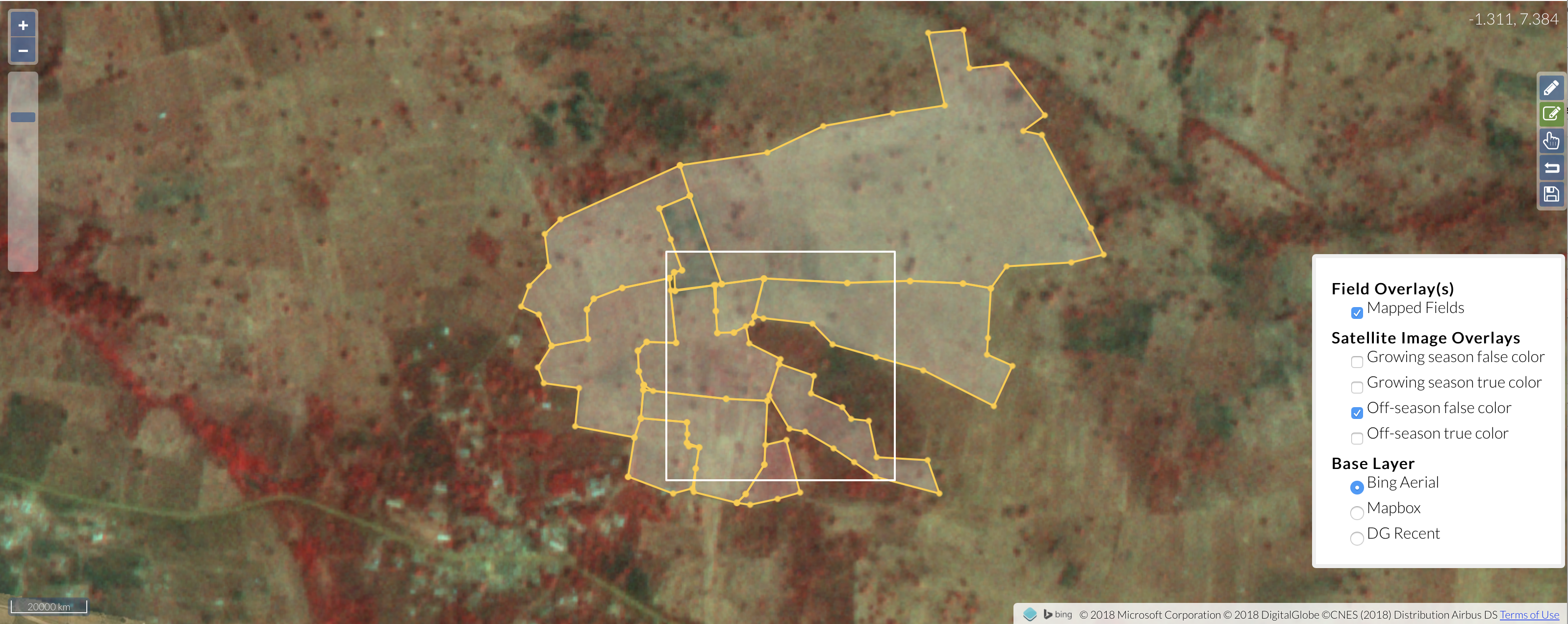 Note that there is only one field we labelled that lies entirely within the target box. The rest overlap the box. For several fields, most of the field areas falls outside the box. **We still need to label fields even if only a small part of it falls inside the box.**